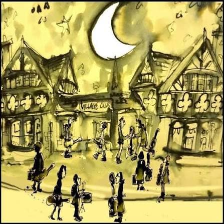 Painting by Jim Fleming: musicians with guitars arriving at the club under a crescent moon, in ink and wash